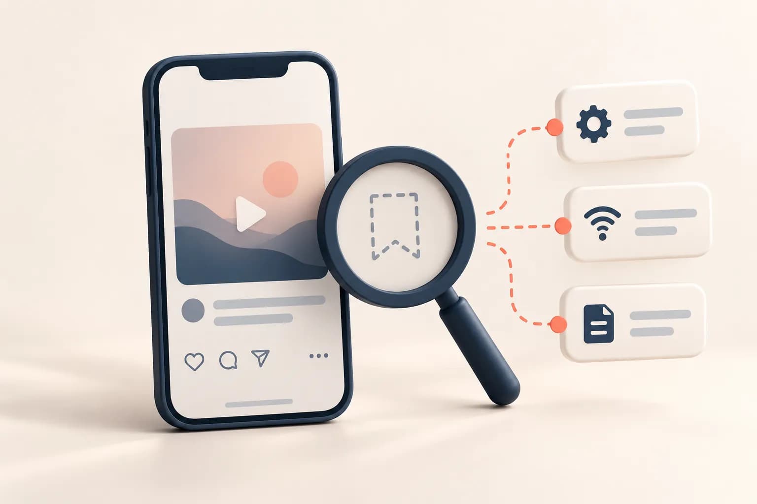 Illustration of a phone, magnifying glass, and troubleshooting paths