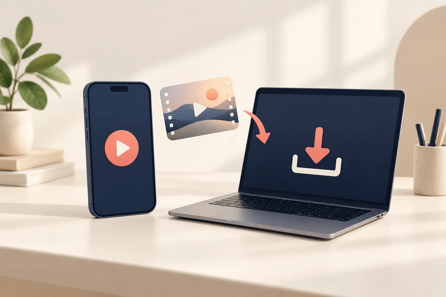 Illustration of a phone and laptop exchanging a video file