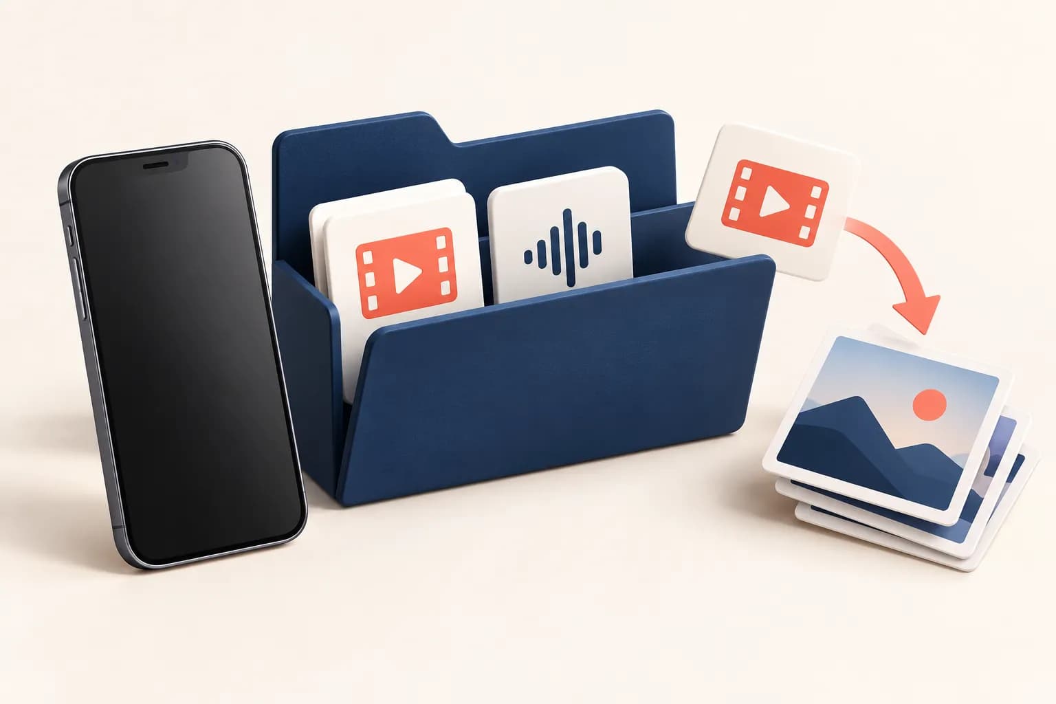 Illustration of a smartphone beside a folder of video and audio files