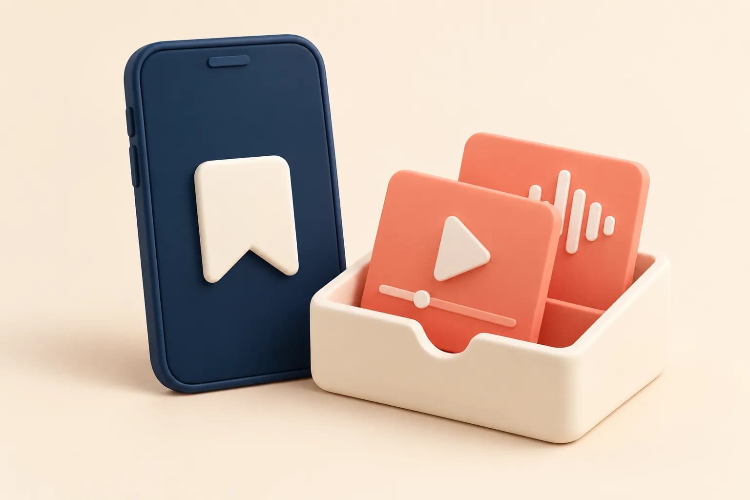 Illustration of a phone and a bookmark tray with media cards