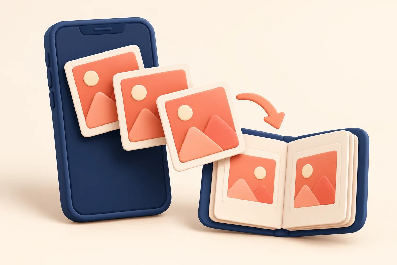 Illustration of photo cards moving from a phone into an album