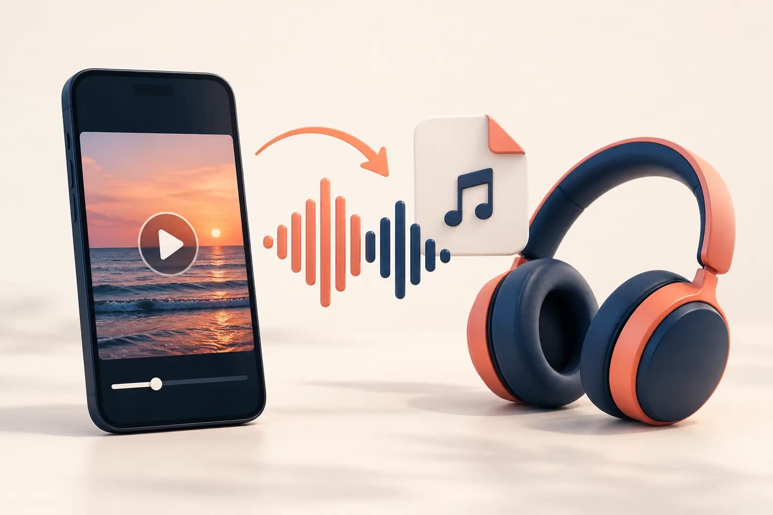 Illustration of headphones, a smartphone, and an audio waveform