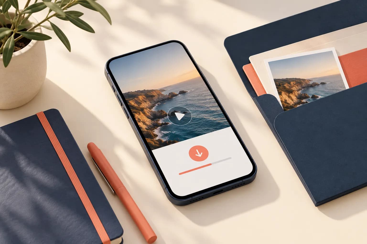 Illustration of a smartphone beside a folder and a photo print